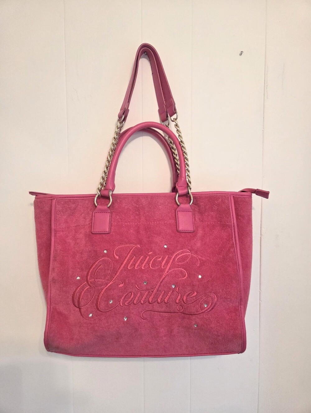 Juicy Couture Velour Pink Flash Beach  Tote with Gold Chain Handles